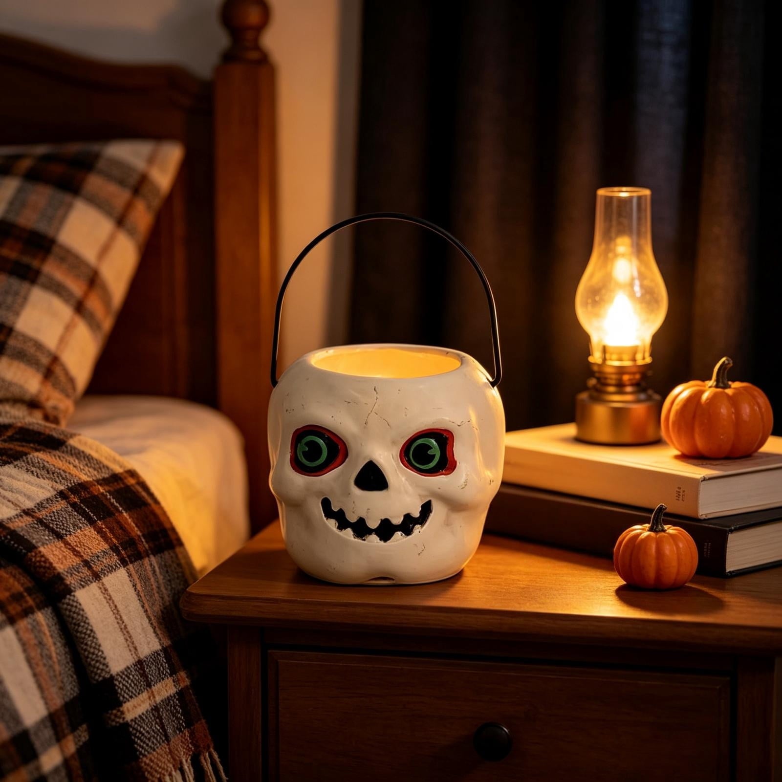 Clearance Halloween Ghost Resin Figurine with Black Cat & Pumpkin Candy Bowl 10“- Cute Spooky Tabletop Decor for Home Mantel, Shelf, and Indoor Fall Display