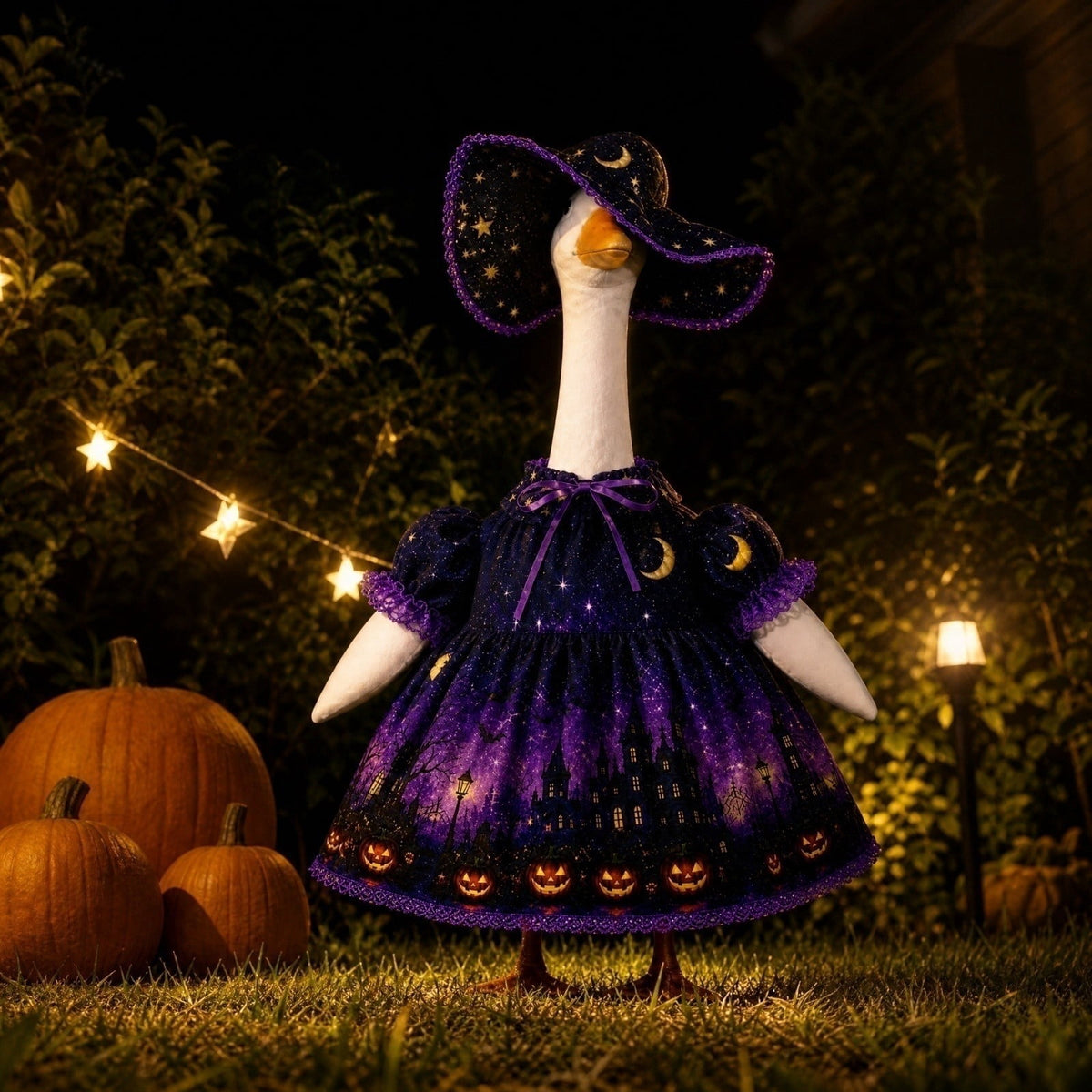 Bat Witch Hat Spiderweb Halloween Goose Clothes Fit 17/23In Cement Plastic Lawn Goose, Stylish Full Set for Outdoor Yard Patio Garden Seasonal Halloween Home Ornamental Arrangement