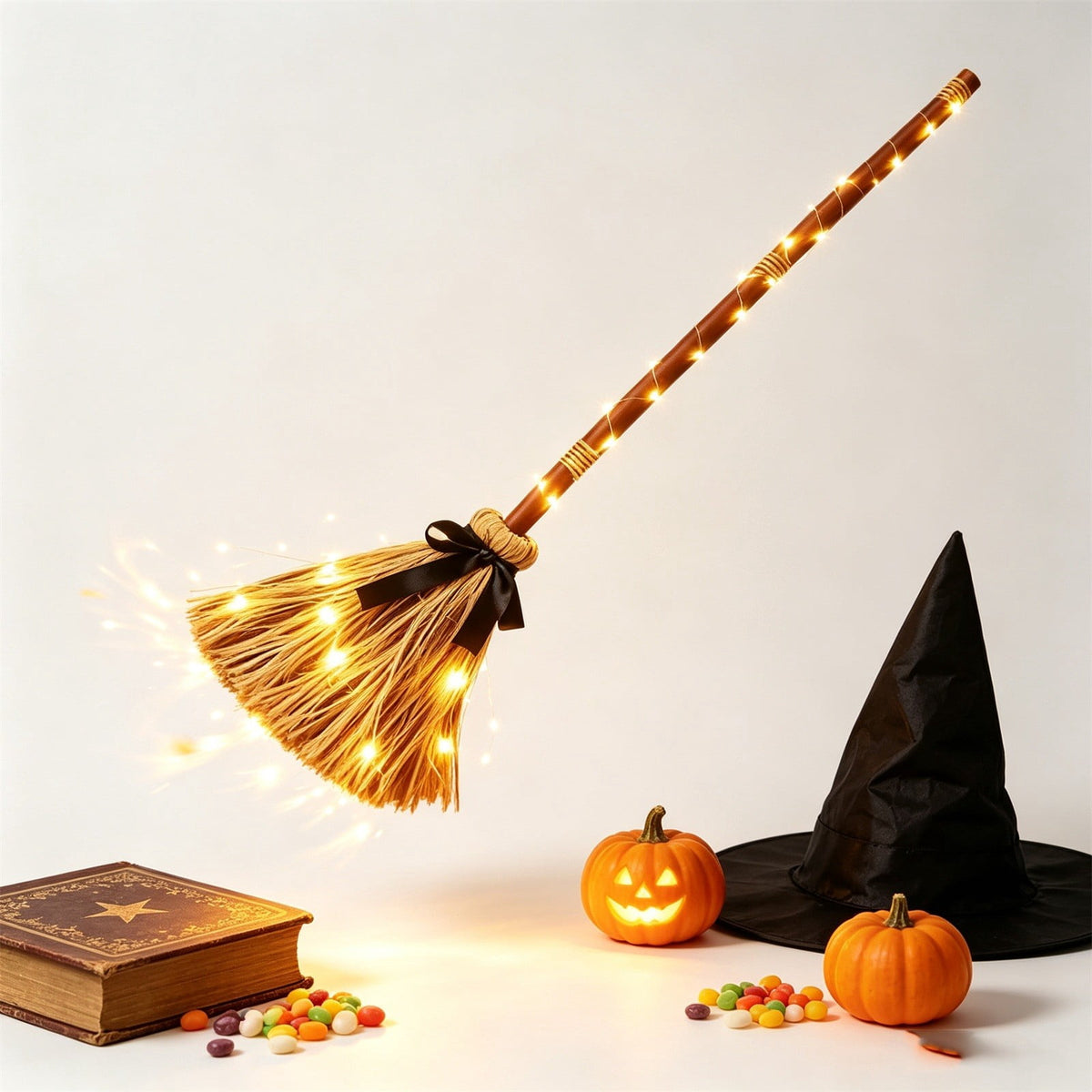 Halloween Witch Broom Cane with Ribbons, 38.2" Witches Broomstick for Wizard Costume Party, Photo Booth Accessory Stage Prop, Halloween Decoration, D