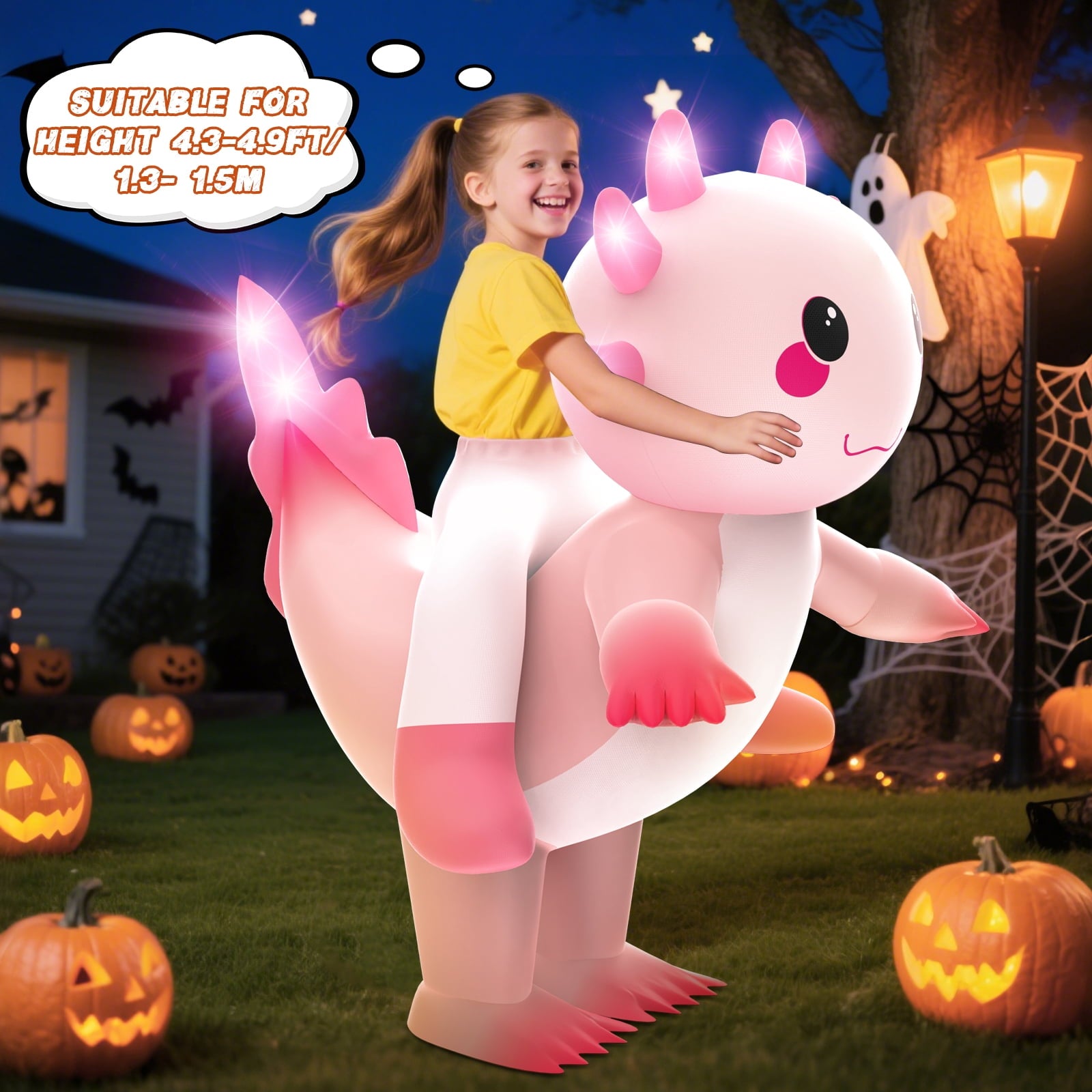 WonderStone Axolotls Inflatable Costume with LED Lights, Halloween Ride-on Costume, Blow-Up Dragon Onesie for Cosplay Party, Suitable for Kids Ages 7-12