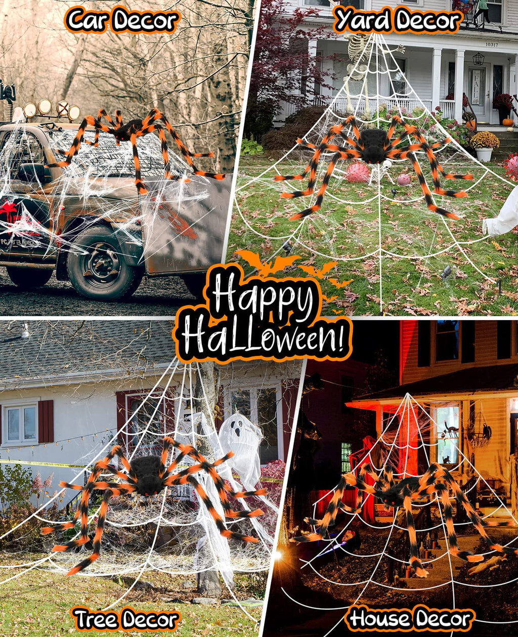 Halloween Decorations Outdoor Spider Webs: 1Pcs Giant Spiders - 200'' Triangular Web with Hook - Stretch Web and Ground Stakes for Large Halloween Decor and Haunted House Decoration