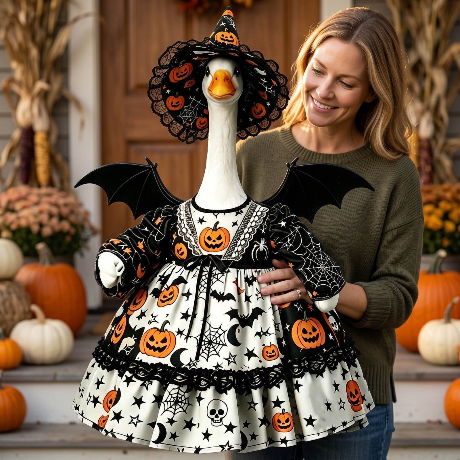 Thanksgiving Harvest Outfit for 23" Porch Goose, Goose Fall Theme Dress in White&Orange with Headwear Fall Harvest Decor for 23" Goose Outdoor Patio Yard Lawn Decoration