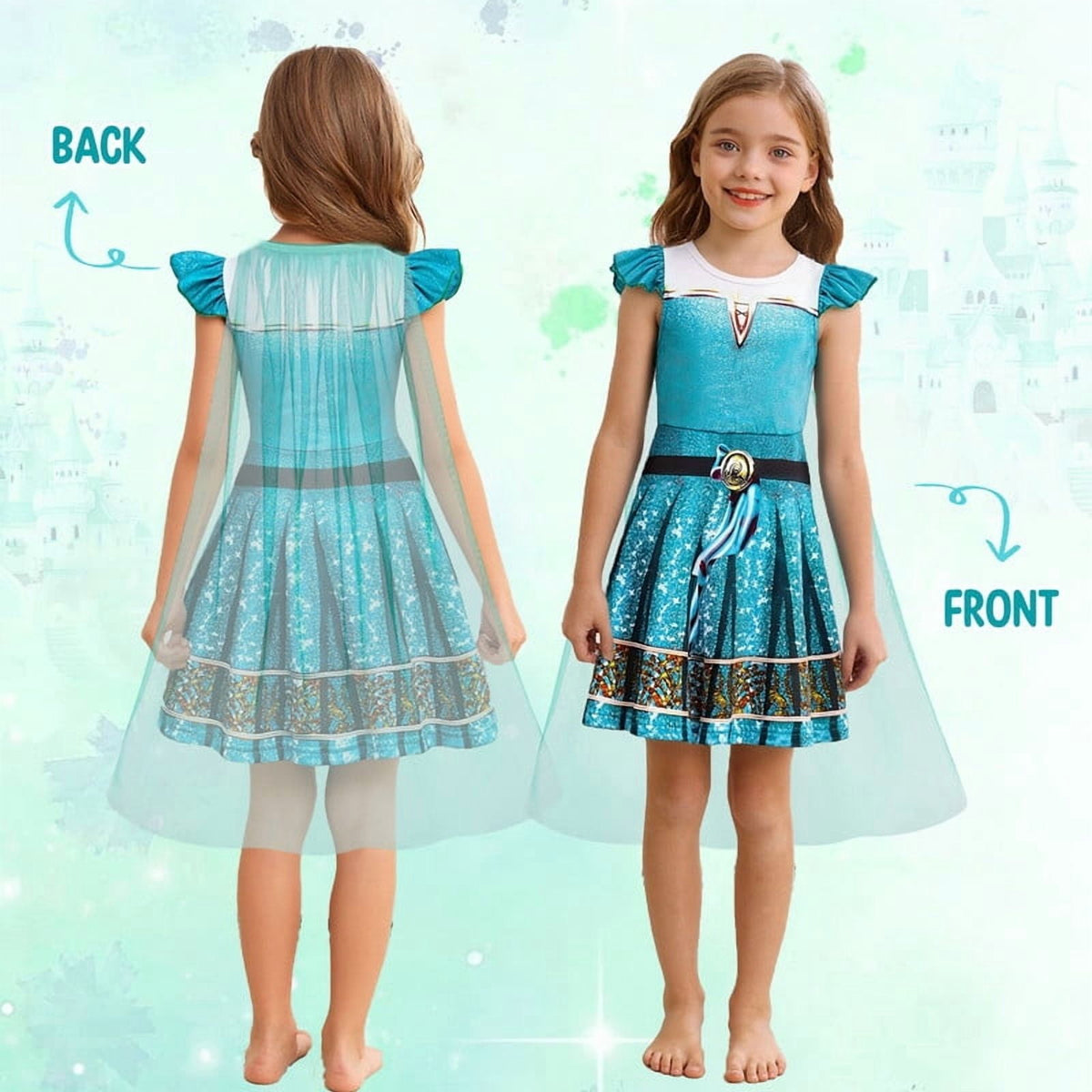 Benylion Girls Ice Princess Dress Halloween Cosplay Costumes With Tulle Cape Kids Birthday Party Dress up Outfit for 7-8 Years