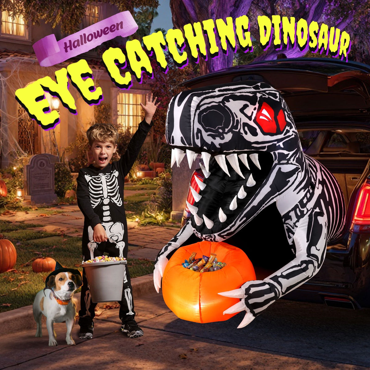 Ayieyill 3.6FT Halloween Inflatable Outdoor Decorations - Trunk or Treat Car Decorations - Halloween Blow Ups Animated Skeleton Dinosaur with LEDs for Halloween Outdoor Yard Decorations
