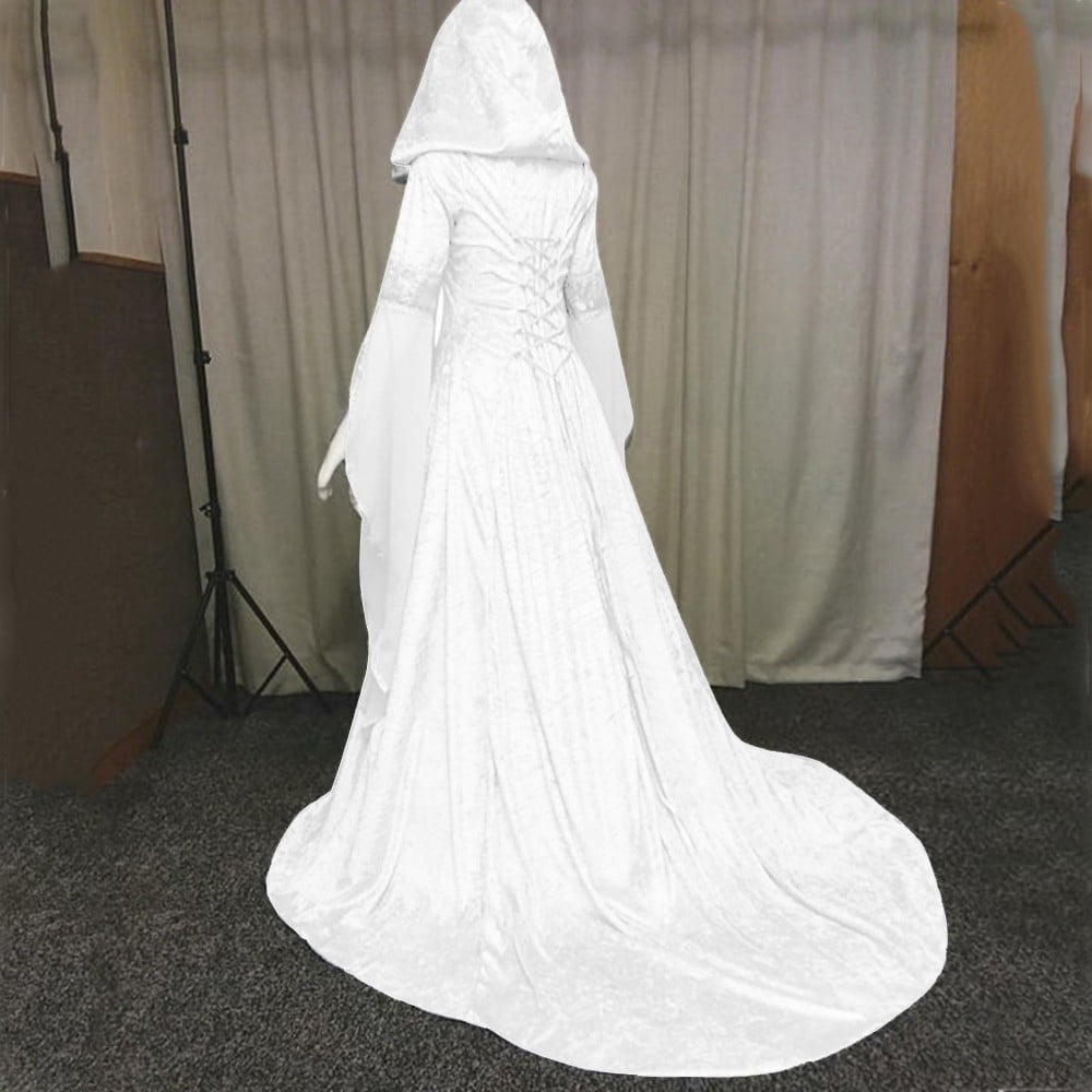 Women Gothic Cold Shoulder Midi Dress, Sheer Flare Bell Sleeve Front Corset Irregular Witch Costume Dress, Adult Halloween Dark Aesthetic Vintage Formal Evening Cosplay Party Outfit(Navy-2/M)