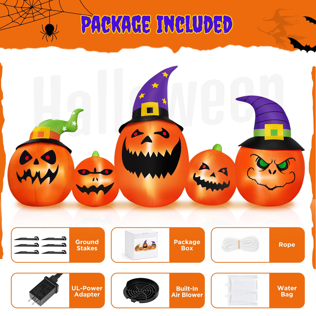 Firstness 8FT Halloween Inflatable Pumpkins Blow ups Outdoor Decorations, Five Pumpkins with LED Lights for Party Yard