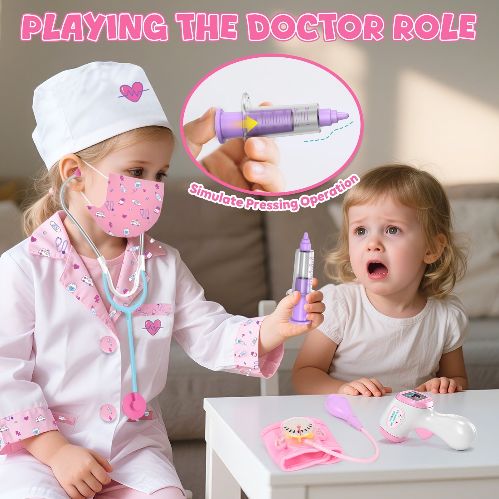 Doctor Costume Set for Kids, Pretend Play Doctor Dress up Clothes with Medical Accessories, Kids Doctor Costume Set Toy for Age 3 4 5 6 Boys Girls - Pink(110cm*3.6in)