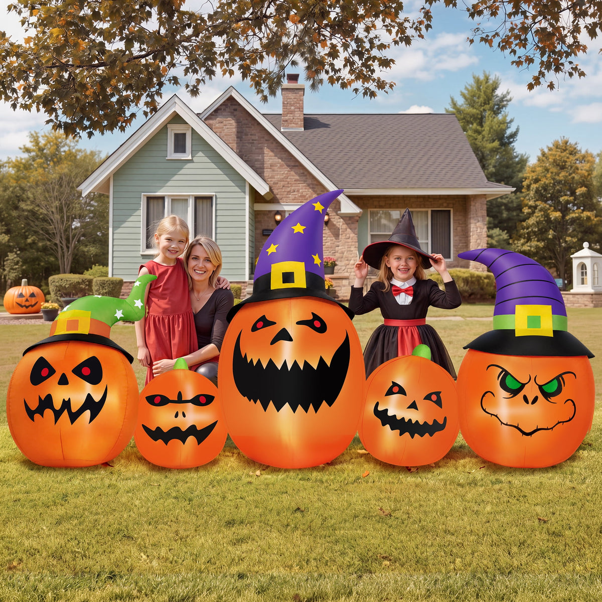 Firstness 8FT Halloween Inflatable Pumpkins Blow ups Outdoor Decorations, Five Pumpkins with LED Lights for Party Yard