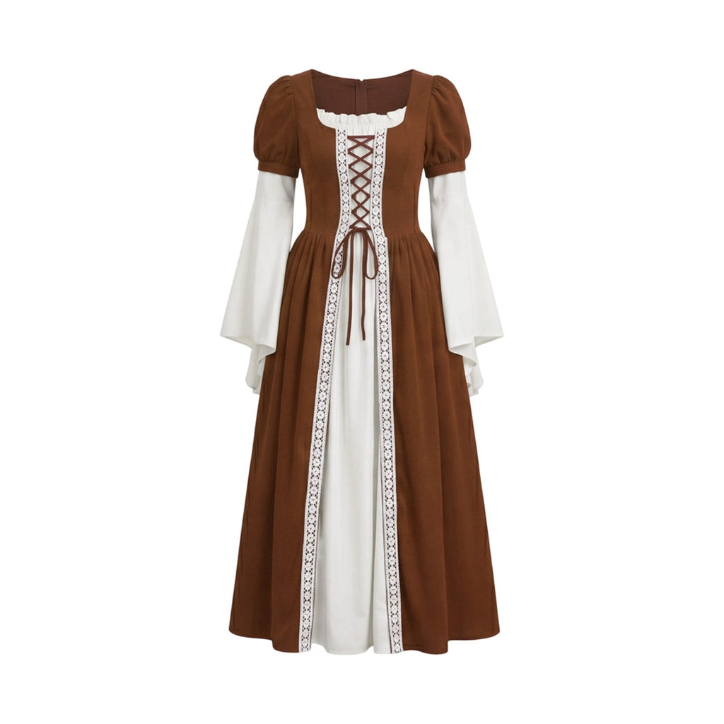 Hurxie Renaissance Costume Women Peasant Medieval Dress Maxi Fairy Dresses with Bell Sleeve Vintage Ren Faire Outfit