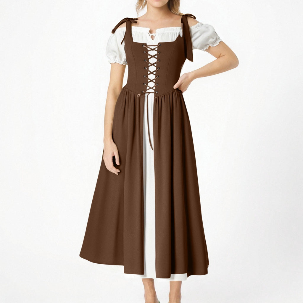 QATAINLAV Renaissance Costume Women Vintage Medieval Dress Cold Shoulder Short Sleeve Peasant Pirate Irish Maxi Dresses, Black, L