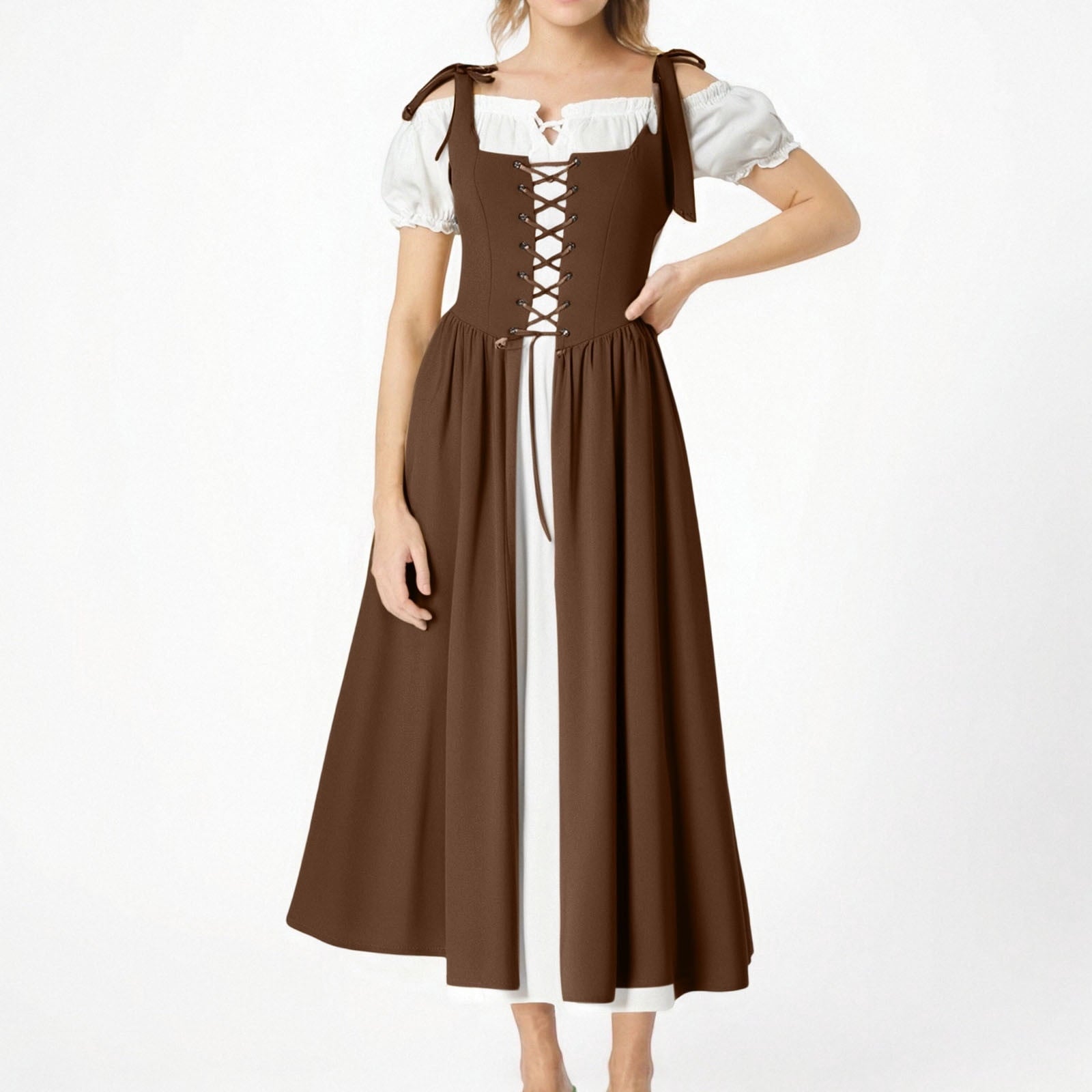 QATAINLAV Renaissance Costume Women Vintage Medieval Dress Cold Shoulder Short Sleeve Peasant Pirate Irish Maxi Dresses, Black, L