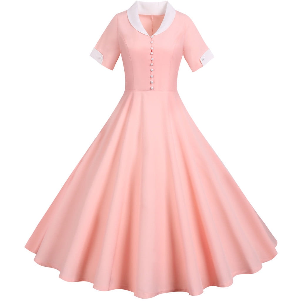 Tejiojio Women Clothes Women's 1950s Retro Dress Short Sleeve Vintage Swing Dress
