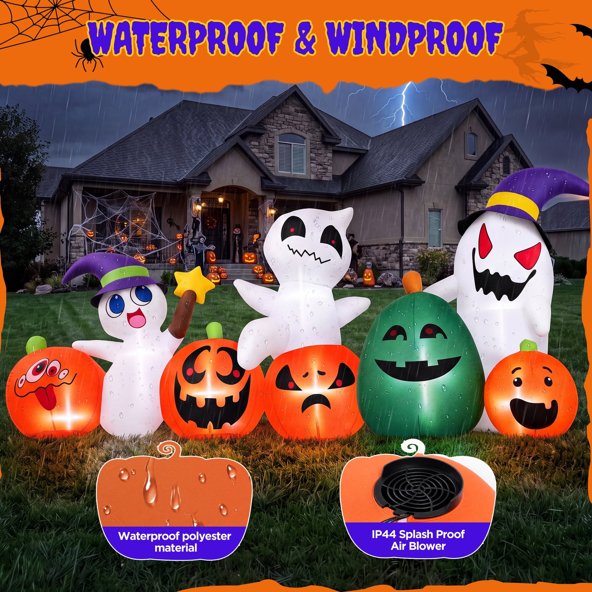 Firstness 7ft Long Halloween Inflatable with Lights,Pumpkin Ghost for Outdoor Decorations