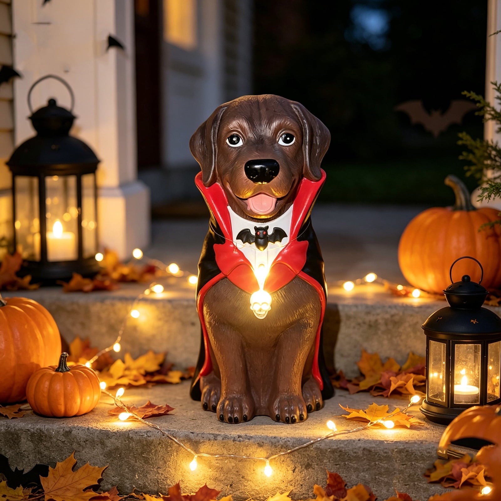 Halloween Dog Greeter - Frenchie 7.9in Resin Witch Dog with Light-Up Pumpkin, Spooky Fall Decor, Indoor Outdoor Tabletop Decoration
