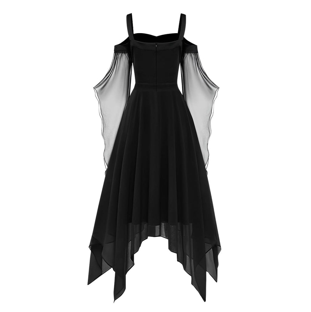 Women Gothic Cold Shoulder Midi Dress, Sheer Flare Bell Sleeve Front Corset Irregular Witch Costume Dress, Adult Halloween Dark Aesthetic Vintage Formal Evening Cosplay Party Outfit(Navy-2/M)