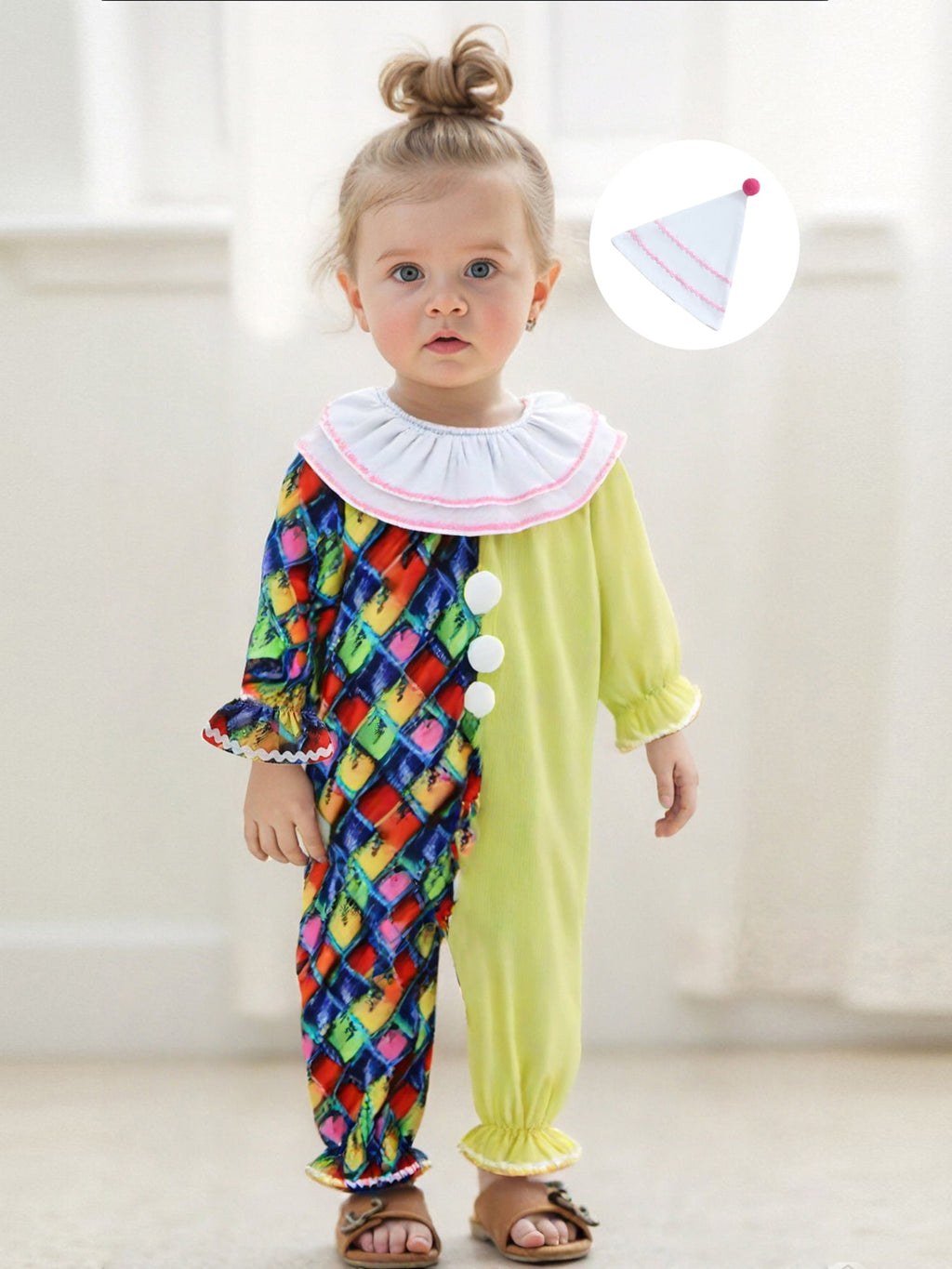 RUINIXCW Kids Toddler Baby Girl Boy Halloween Outfit Clown Costume Infant Baby Girl Boy Romper Birthday Photoshoot Outfit Contrast Color Long Sleeve Jumpsuit Hat