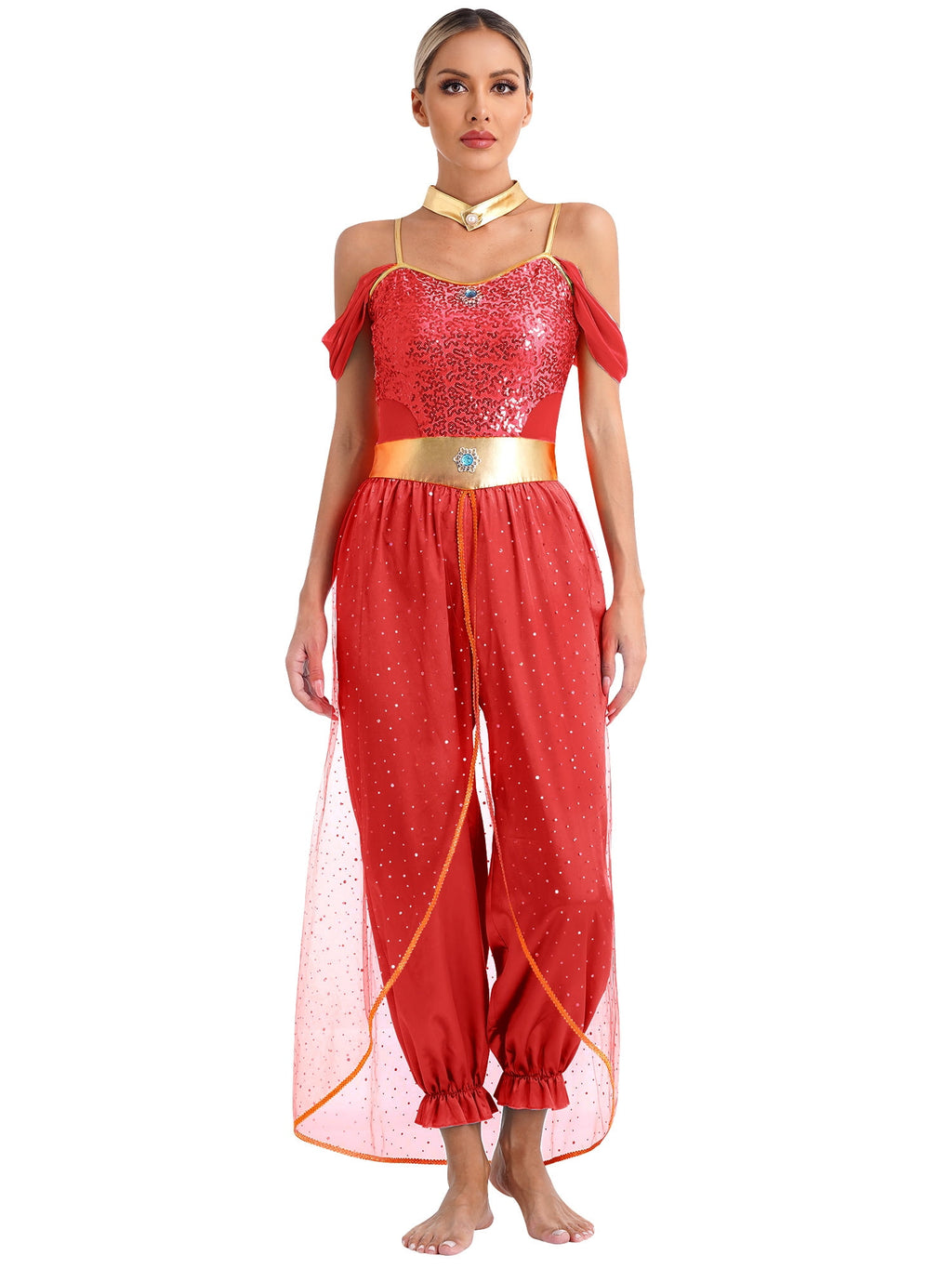 YiZYiF Women's Arabian Princess Dance Costume Halloween Party Fancy Dress Shiny Belly Dance Jumpsuit Turquoise B M