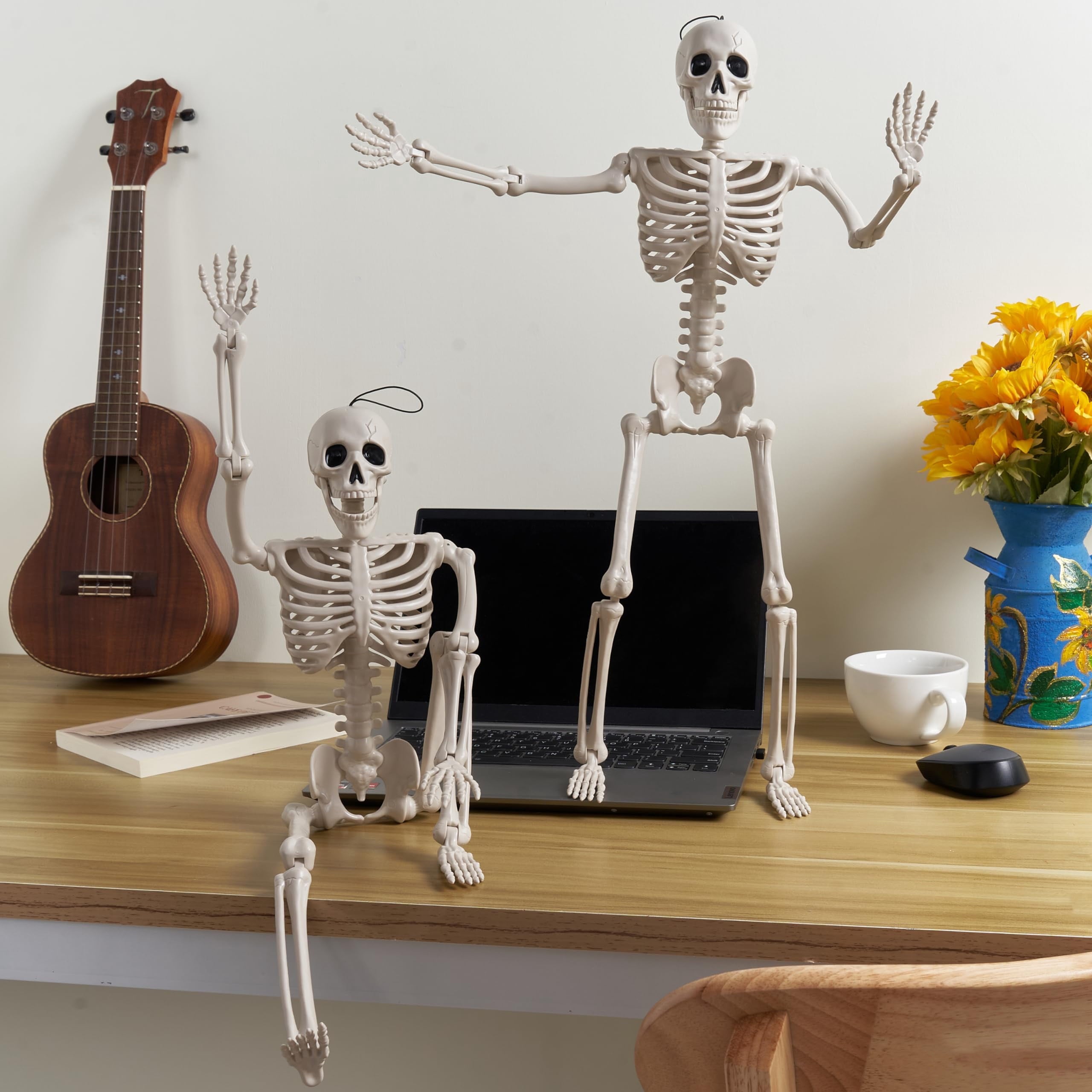 Joyfy 24 Inch Halloween Skeleton Decor with LED Light Eyes,Posable Skeleton Halloween Prop Full Body with Movable Joints for Haunted House Indoor Outdoor Decoration Spooky Decor