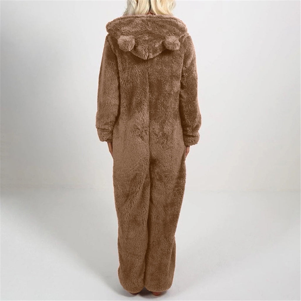 QATAINLAV Sherpa Fleece Jumpsuit for Women Winter Warm Fuzzy Onesie Pajamas Cute Cat Hooded Romper Casual Zip Up Overalls Sleepwear Black XL