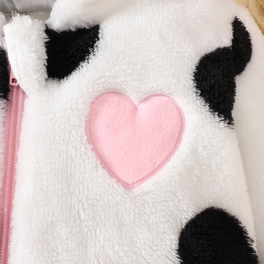 RUINIXCW Baby Cow Costume Infant Halloween Animal Costume Baby Boy Girl Warm Fall Winter Outfit Fleece Jumpsuit Snowsuit Baby Photoshoot Outfits Long Sleeve Zip Up Hooded Romper