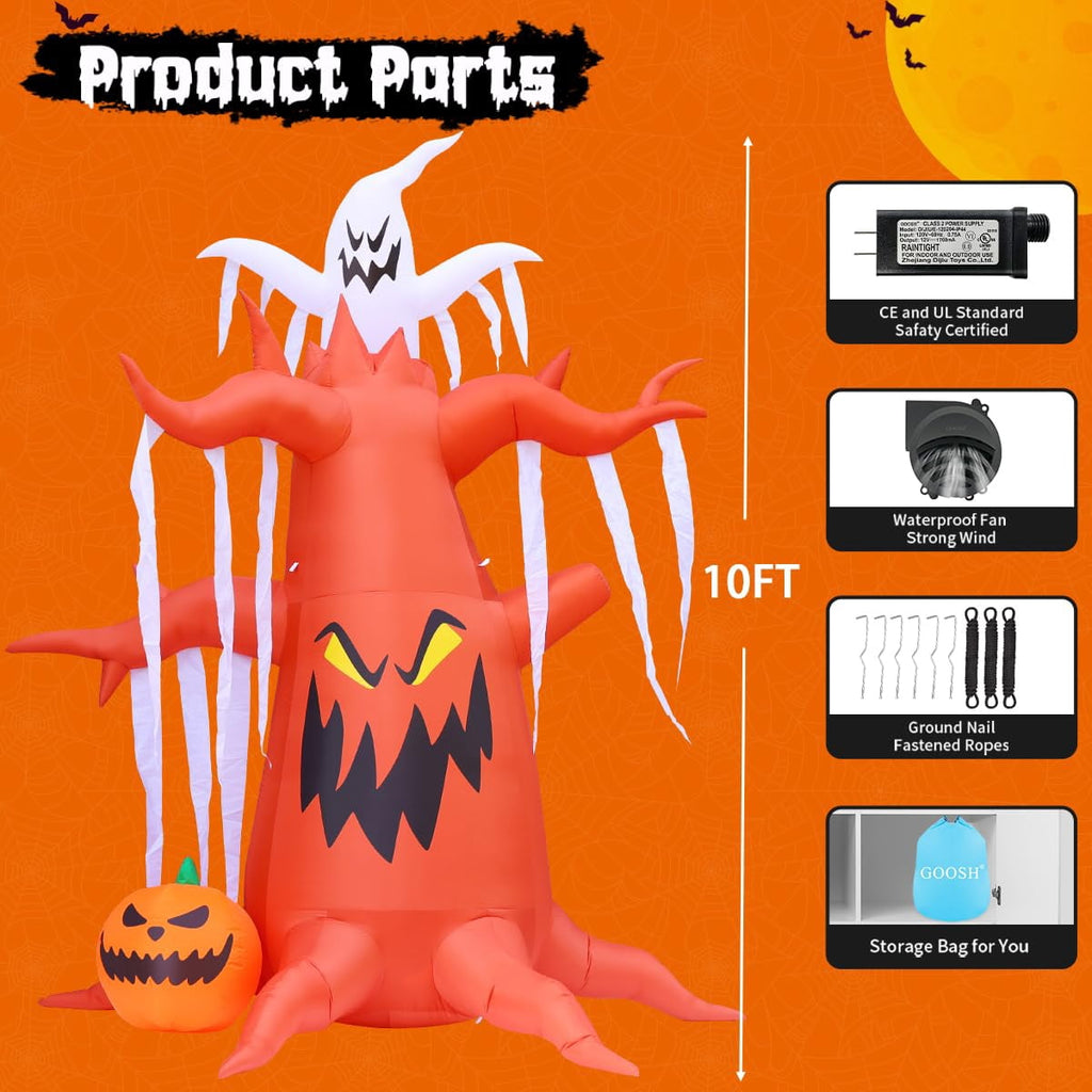 GOOSH Halloween Inflatables 10 FT Inflatable Halloween Tree with LED Lights, Scary Halloween Tree Inflatables Spooky Tree Inflatable with Pumpkin and Ghost, Outdoor Halloween Decorations for Holiday