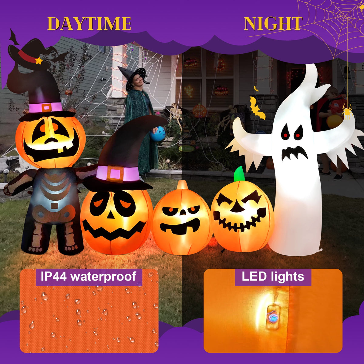 Yexmas Halloween Inflatables, 7 FT Long 4 Pumpkins with Cute White Ghost Outdoor Decorations, Built-in LEDs, Blow Up Party, Waterproof Yard, Garden, Lawn Decor