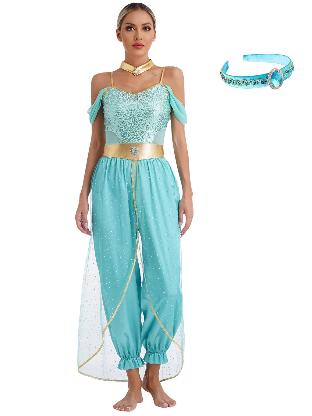 YiZYiF Women's Arabian Princess Dance Costume Halloween Party Fancy Dress Shiny Belly Dance Jumpsuit Turquoise B M