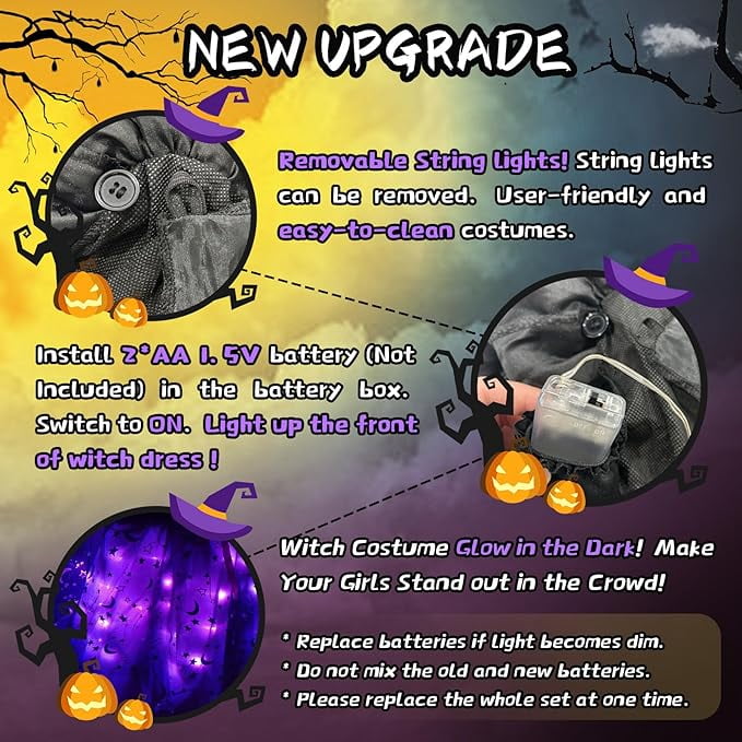 Sefiry Light-Up Witch Halloween Costume for Girls, LED Glowing Dress, Hat & Broom Set, 5-7T