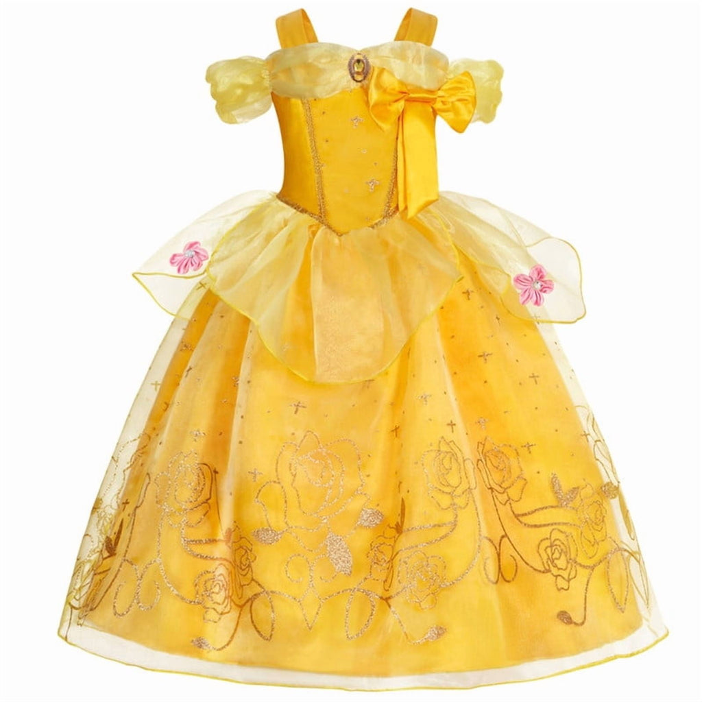 Jurebecia Princess Dress for Girls Costume Kids Off Shoulder Layered Toddler Halloween Cosplay Birthday Party Outfit up Yellow 120 cm 5-6 Years