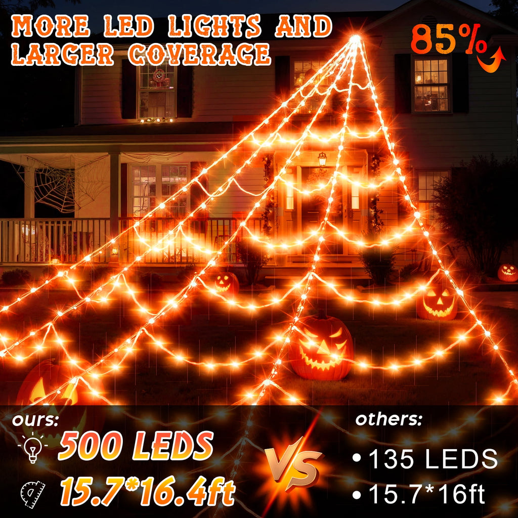 Scidweet Halloween Decorations Outdoor, 500 LED Halloween Giant Spider Web Lights for Garden Yard Porch Home Decor, Purple Orange