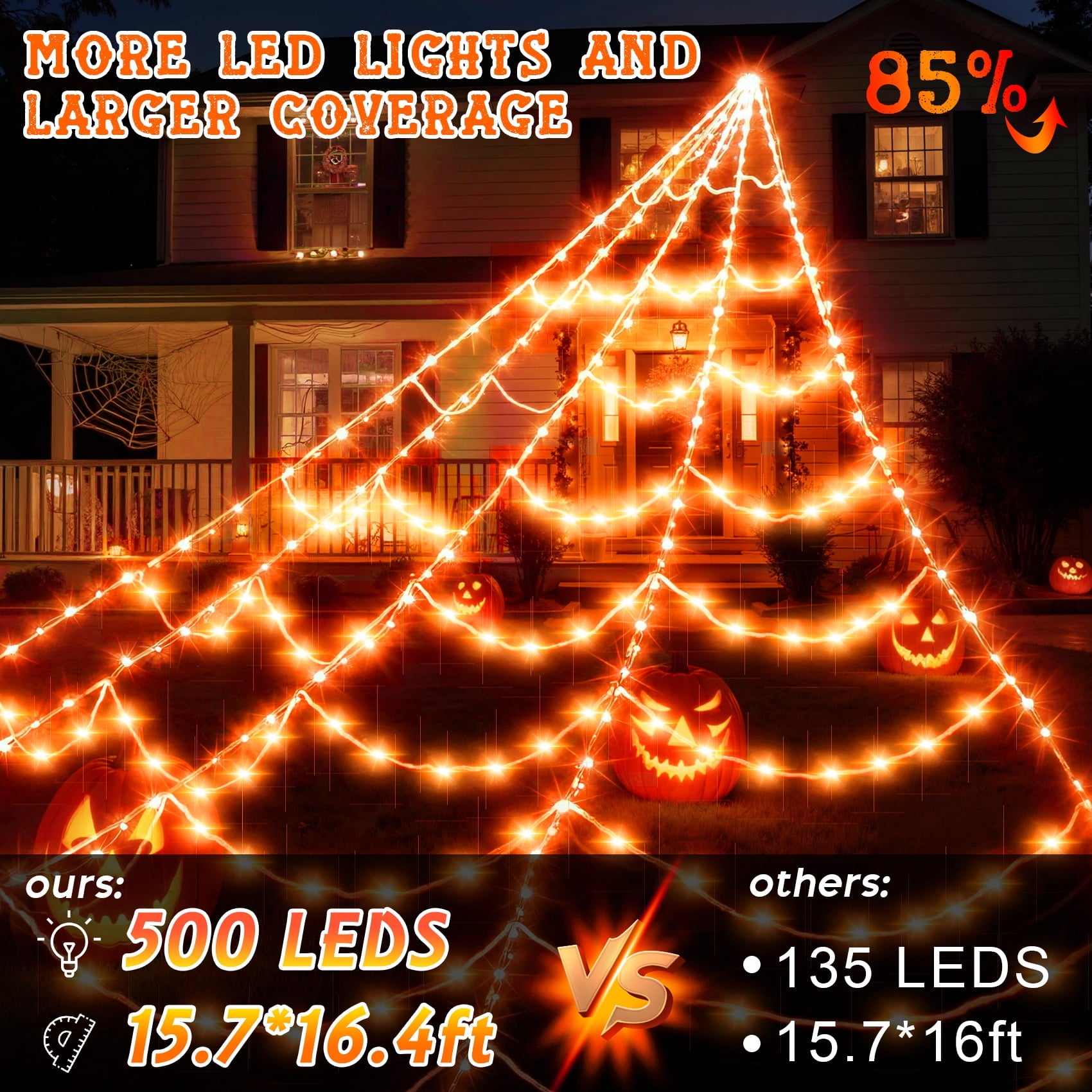 Scidweet Halloween Decorations Outdoor, 500 LED Halloween Giant Spider Web Lights for Garden Yard Porch Home Decor, Purple Orange