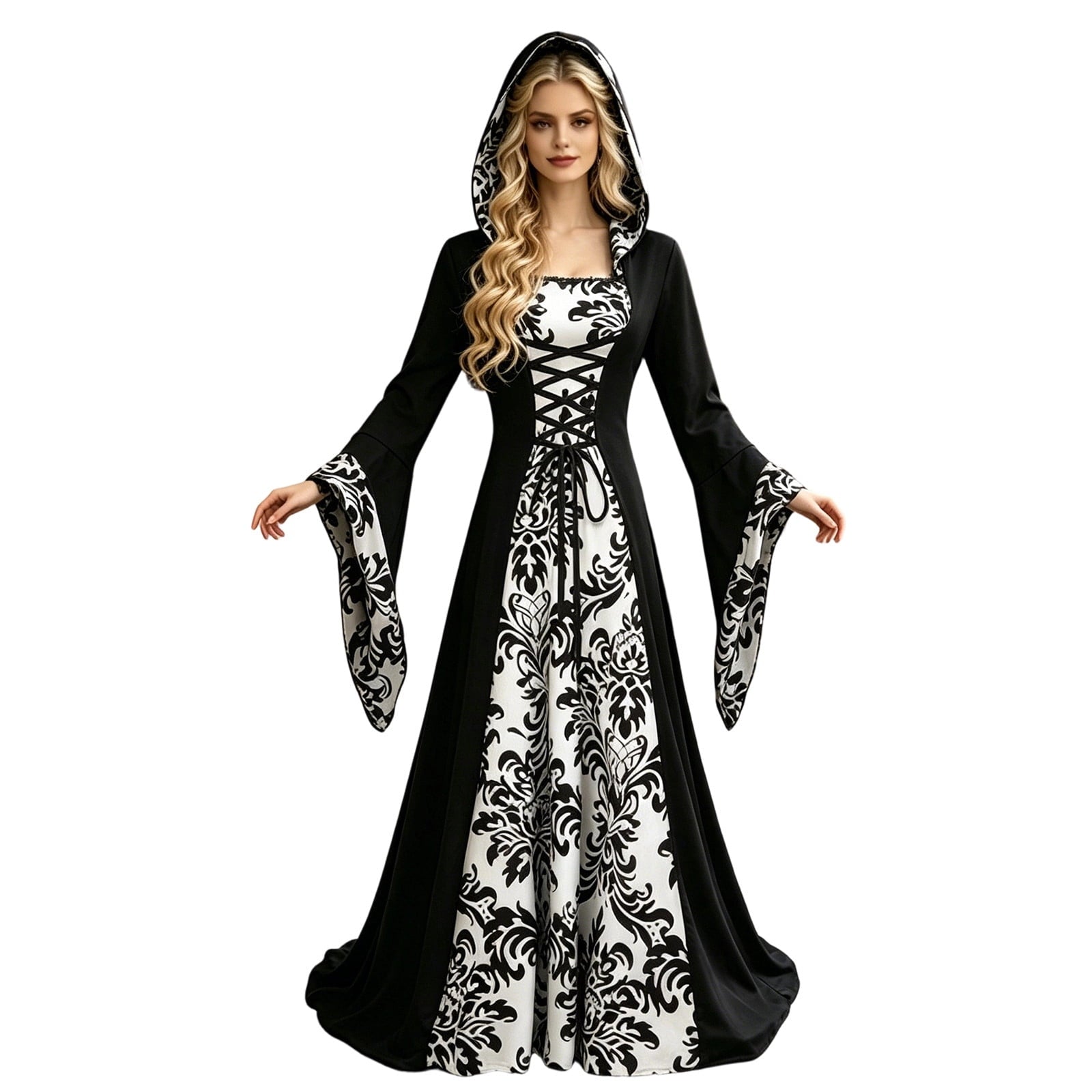 KICILVS Witch Costume Women Hooded Gothic Robe Corset Waist Bell Sleeve Maxi Length Damask Print Vampire Cloak Outfit White