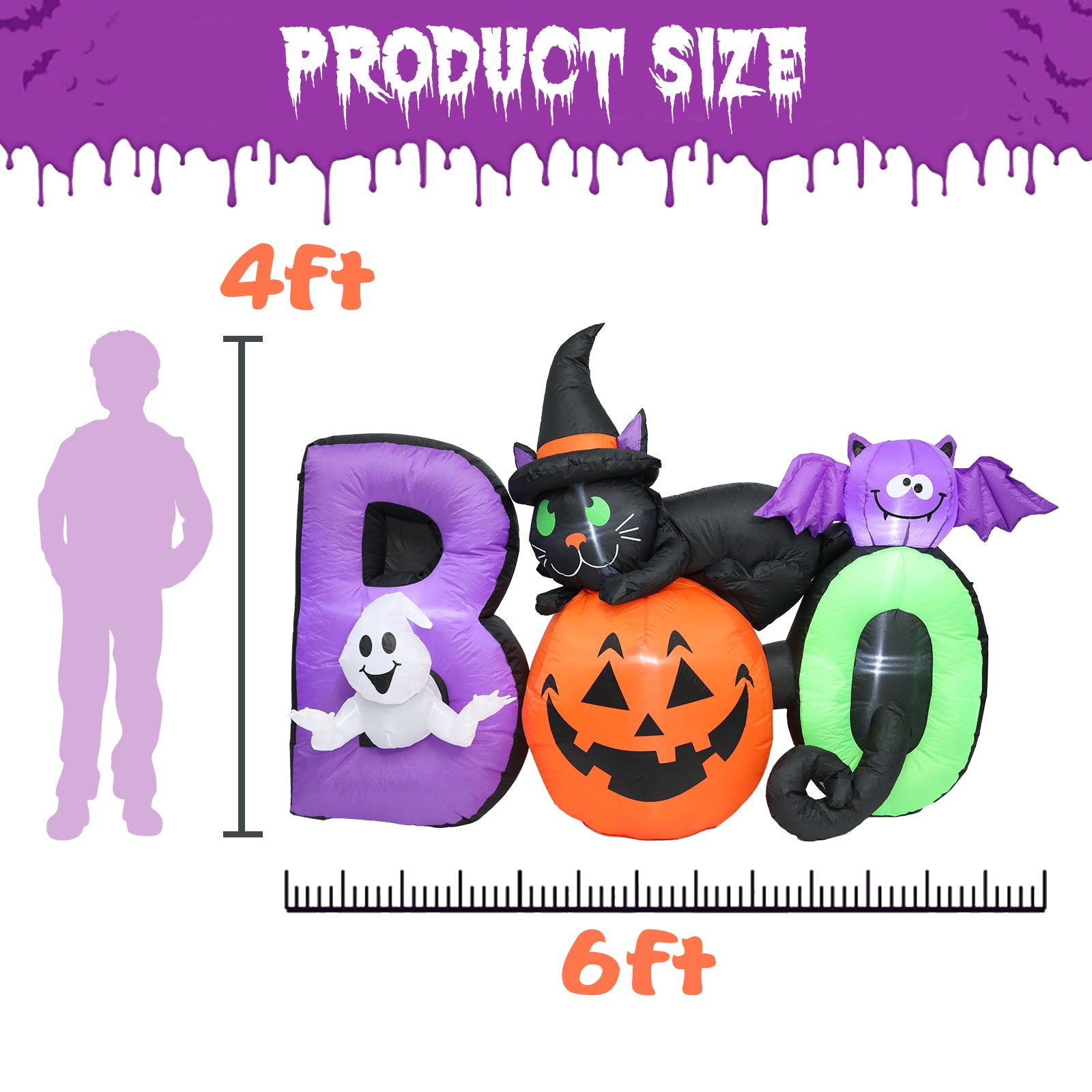 MUMTOP 6 FT Long Halloween Inflatables Outdoor Decorations, Pumpkin Inflatable with Lighted Ghost, Black Cat and Bat, Blow Up Decoration for Halloween Party, Yard, Garden, Lawn