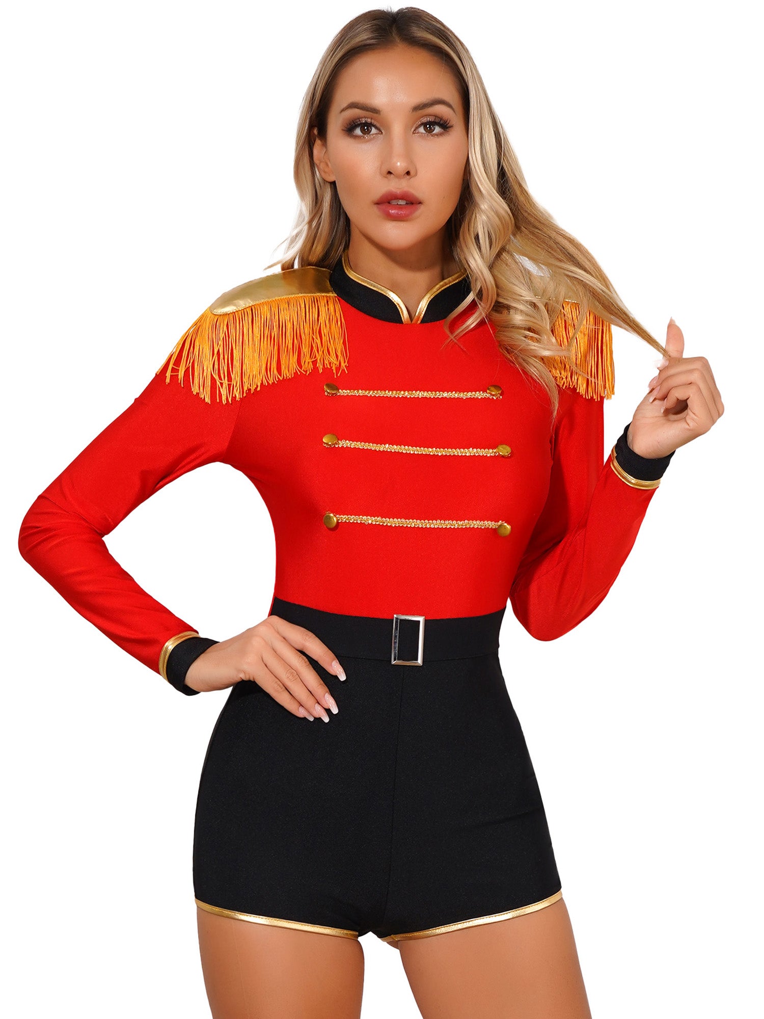 Haitryli Women's Circus Ringmaster Costume Tassel Leotard Bodysuit Halloween Cosplay Party Outfits Red L