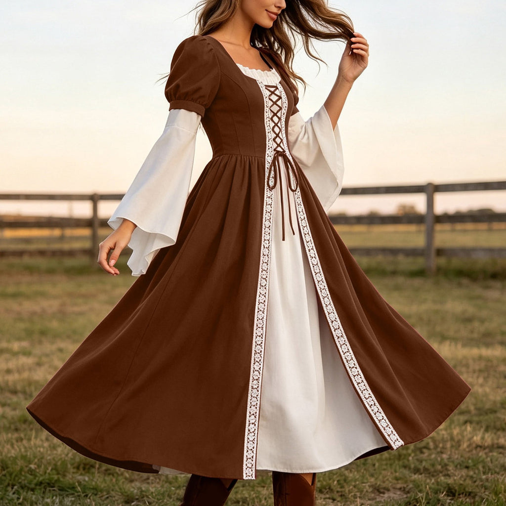 Hurxie Renaissance Costume Women Peasant Medieval Dress Maxi Fairy Dresses with Bell Sleeve Vintage Ren Faire Outfit