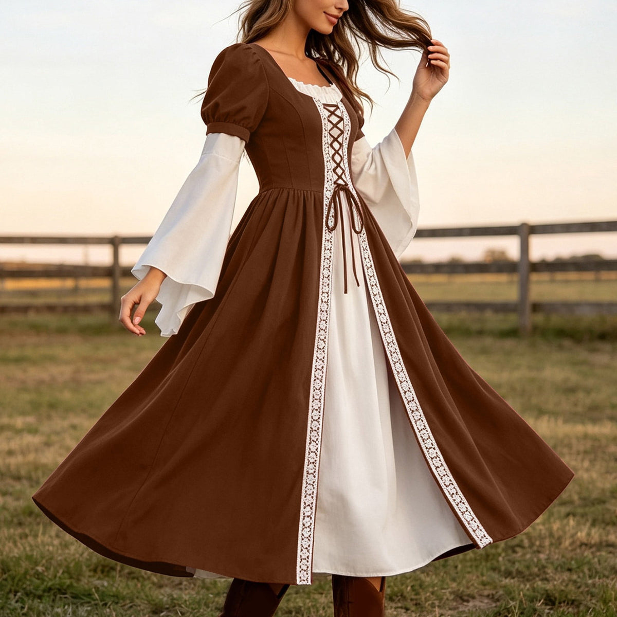 Hurxie Renaissance Costume Women Peasant Medieval Dress Maxi Fairy Dresses with Bell Sleeve Vintage Ren Faire Outfit