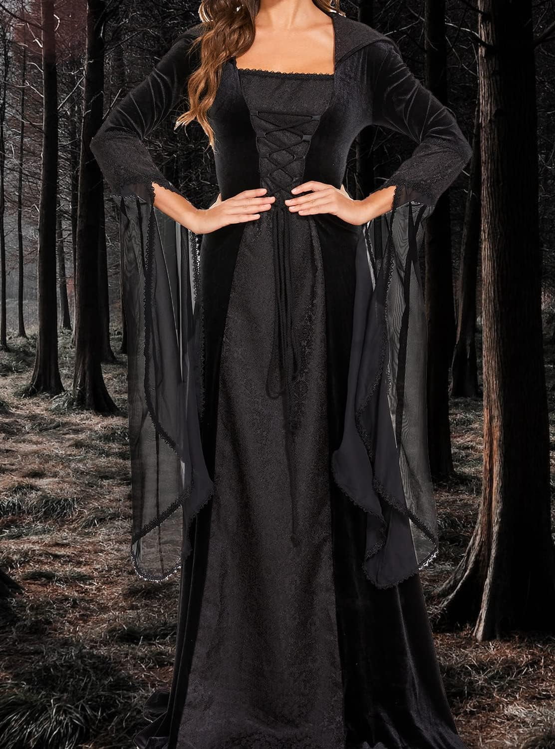 Halloween Witch Costume Women, Deluxe Witch Dress Costume, Vintage Embroidered Renaissance Gothic Hooded Vampire Gown Dress Cosplay Costumes Red S