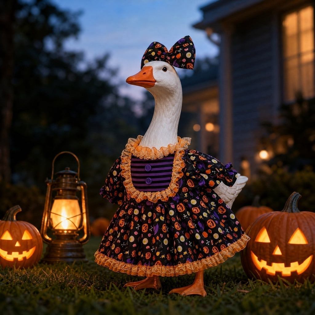 Bat Witch Hat Spiderweb Halloween Goose Clothes Fit 17/23In Cement Plastic Lawn Goose, Stylish Full Set for Outdoor Yard Patio Garden Seasonal Halloween Home Ornamental Arrangement