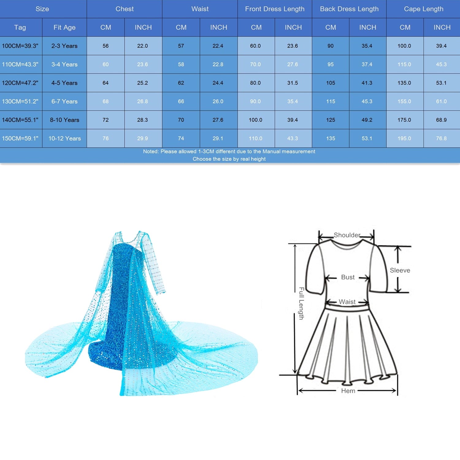 BanKids Princess Costume Long Cape Birthday Party Dress Up for Girls with Wig,Crown,Wand,Gloves 5-6 Years(E08)