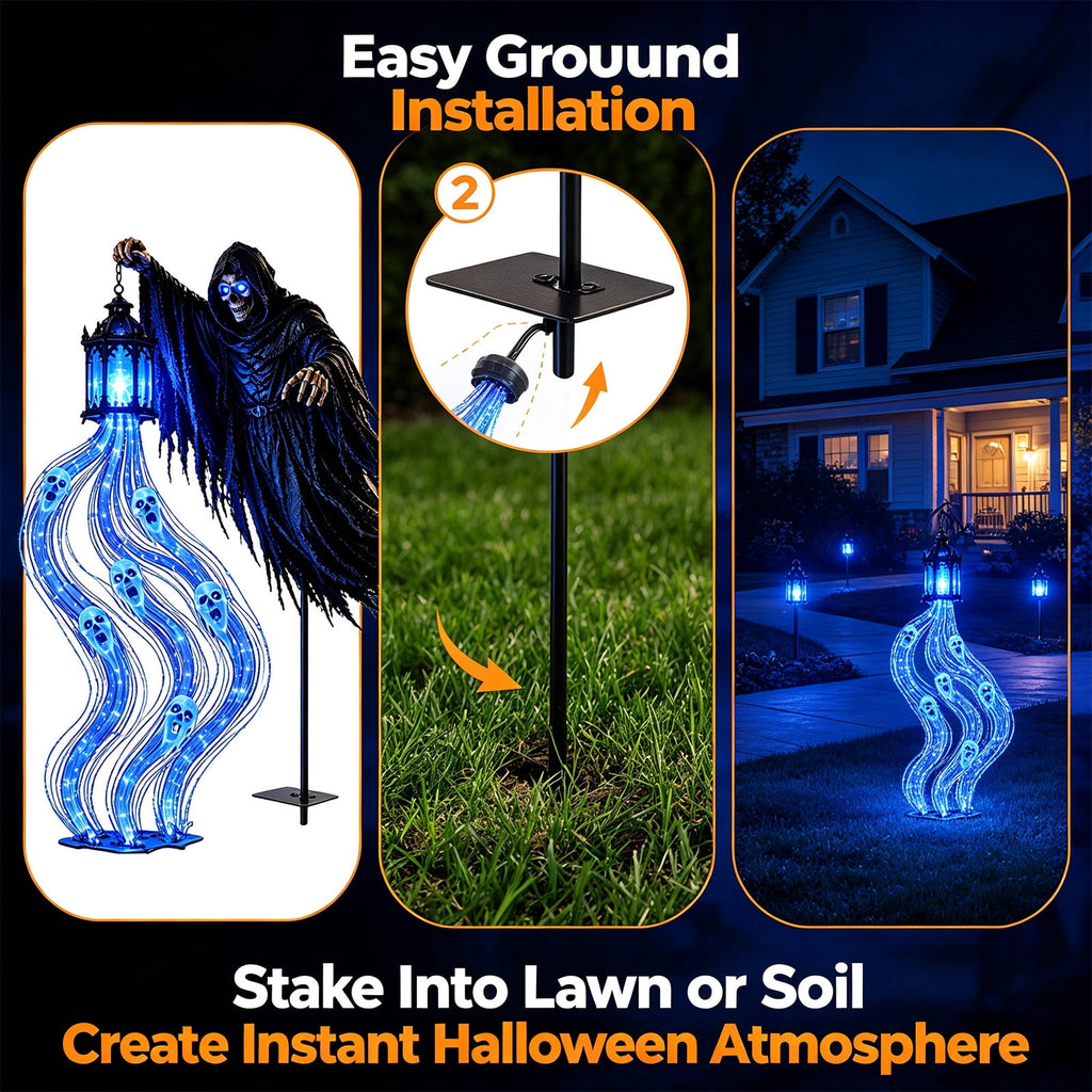 Halloween Witch Cauldron Garden Stake Lights, 2.7Ft LED Color Waterfall-Style Light Flow Flying Witch Garden Stake, Waterproof Weather Resistant Projector Lights for Outdoor Yard, Lawn, Pathway