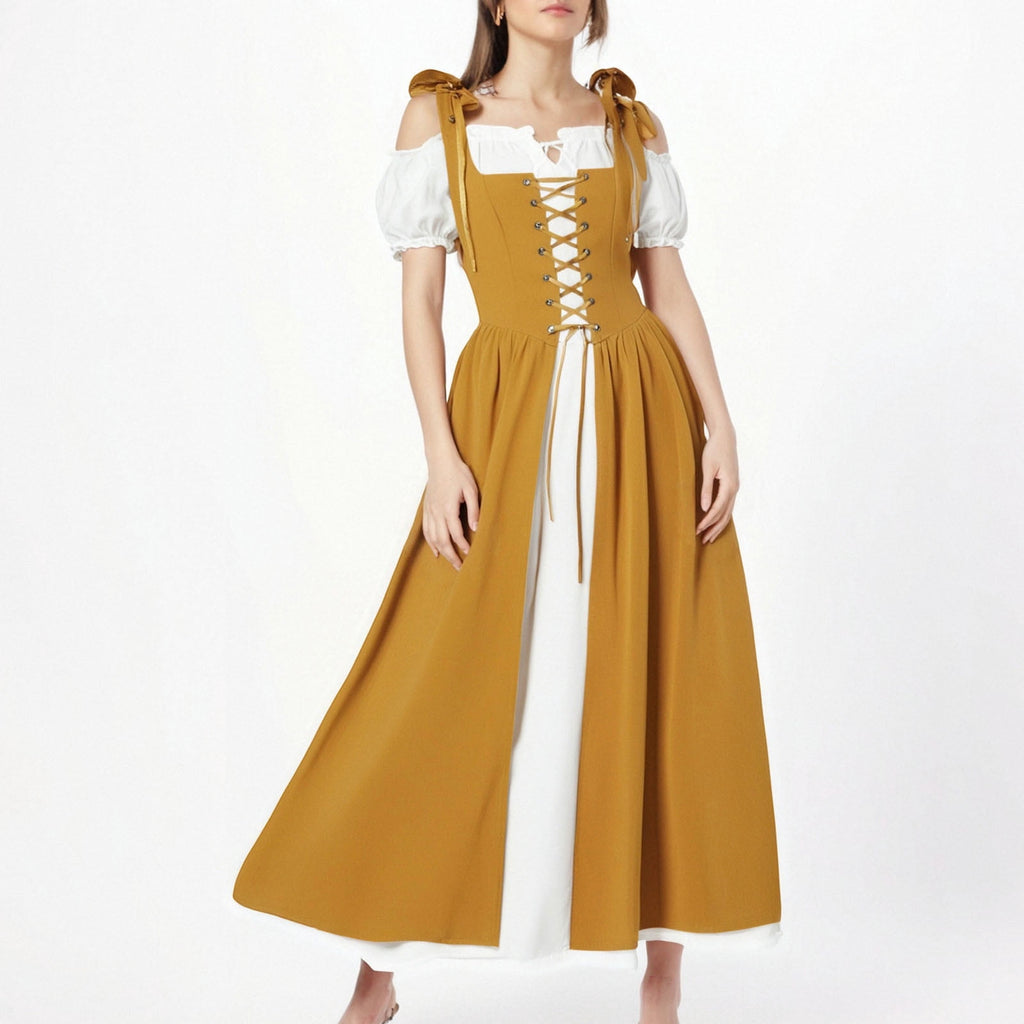QATAINLAV Renaissance Costume Women Vintage Medieval Dress Cold Shoulder Short Sleeve Peasant Pirate Irish Maxi Dresses, Black, L