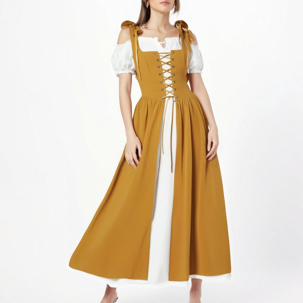 QATAINLAV Renaissance Costume Women Vintage Medieval Dress Cold Shoulder Short Sleeve Peasant Pirate Irish Maxi Dresses, Black, L