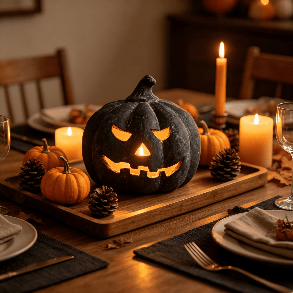 Halloween Decorations - 9.8" Black Handmade Resin Jack O Lantern Pumpkin Fall Decor, Indoor Outside Gothic Festival House Centerpiece Decoration for Table Garden Living Room Mantel
