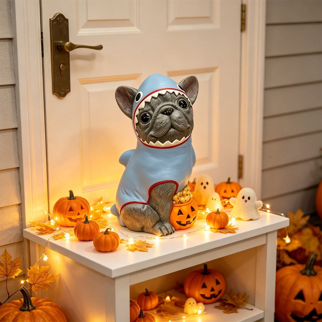 Halloween Dog Greeter - Frenchie 7.9in Resin Witch Dog with Light-Up Pumpkin, Spooky Fall Decor, Indoor Outdoor Tabletop Decoration