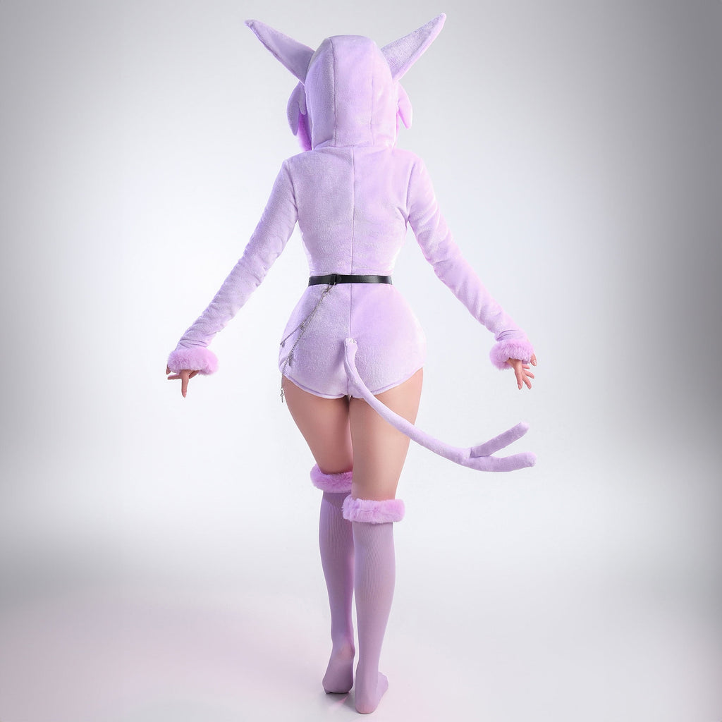Women sexy Fluffy Hooded Bodysuit Halloween Deep V Kawaii One Piece Lingerie Rompers with Choker and Socks