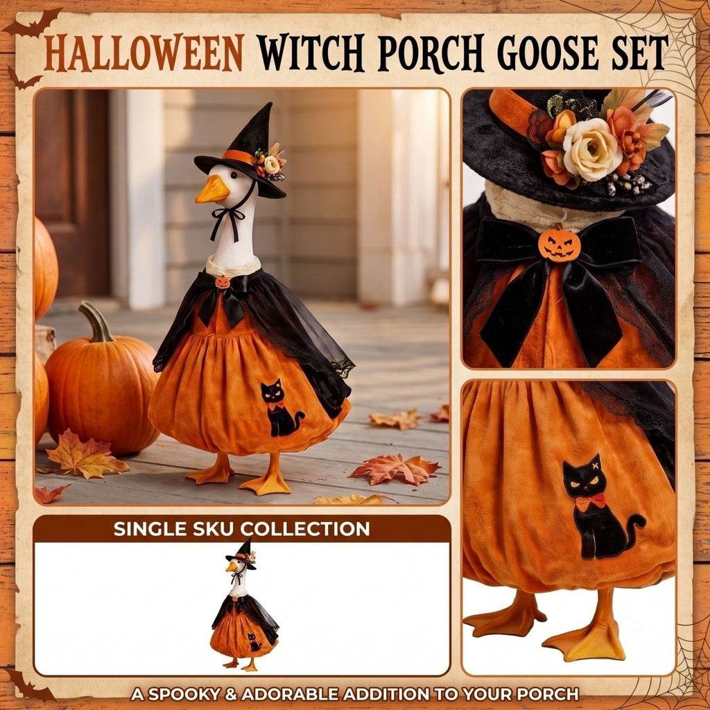 Bat Witch Hat Spiderweb Halloween Goose Clothes Fit 17/23In Cement Plastic Lawn Goose, Stylish Full Set for Outdoor Yard Patio Garden Seasonal Halloween Home Ornamental Arrangement