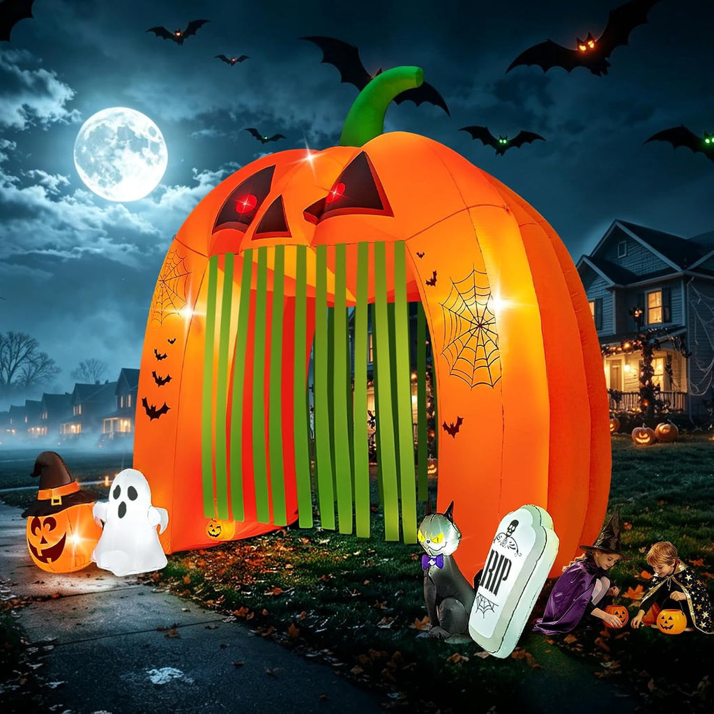 Kalolary 12FT Halloween Inflatable Pumpkin Tunnel Archway, Walk-Through Haunted House with Ghost, Cat & Tombstone for Outdoor Yard Decoration