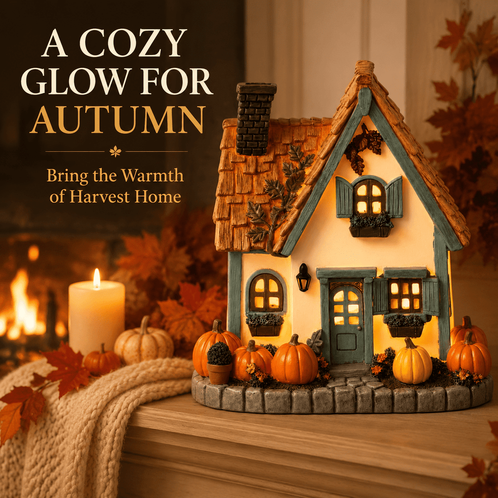 Fall Harvest Light Up Cottage House, LED Resin Pumpkin Autumn Halloween Thanksgiving Tabletop Decor with Warm Glow for Mantel Shelf Home Office Seasonal Decoration, 6" (1 PC)