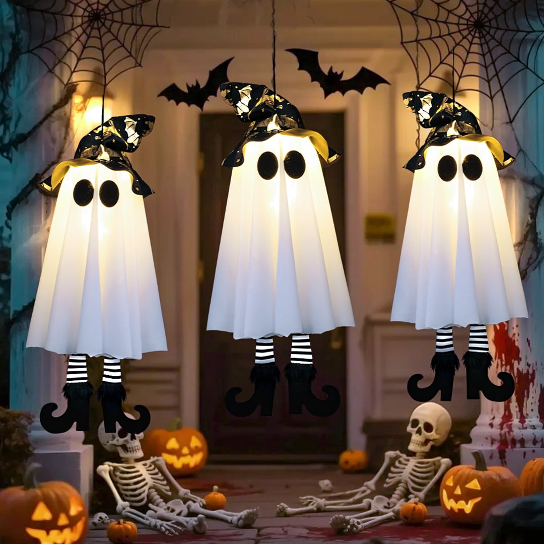 TETOU 18In Set of 3 Halloween Hanging Ghosts,Halloween Decorations Outdoor Hanging Ghosts with Witch Hat,Glowing Ghost Witch Hat Lights Halloween Ghost Decor for Yard Patio Garden Tree Outside