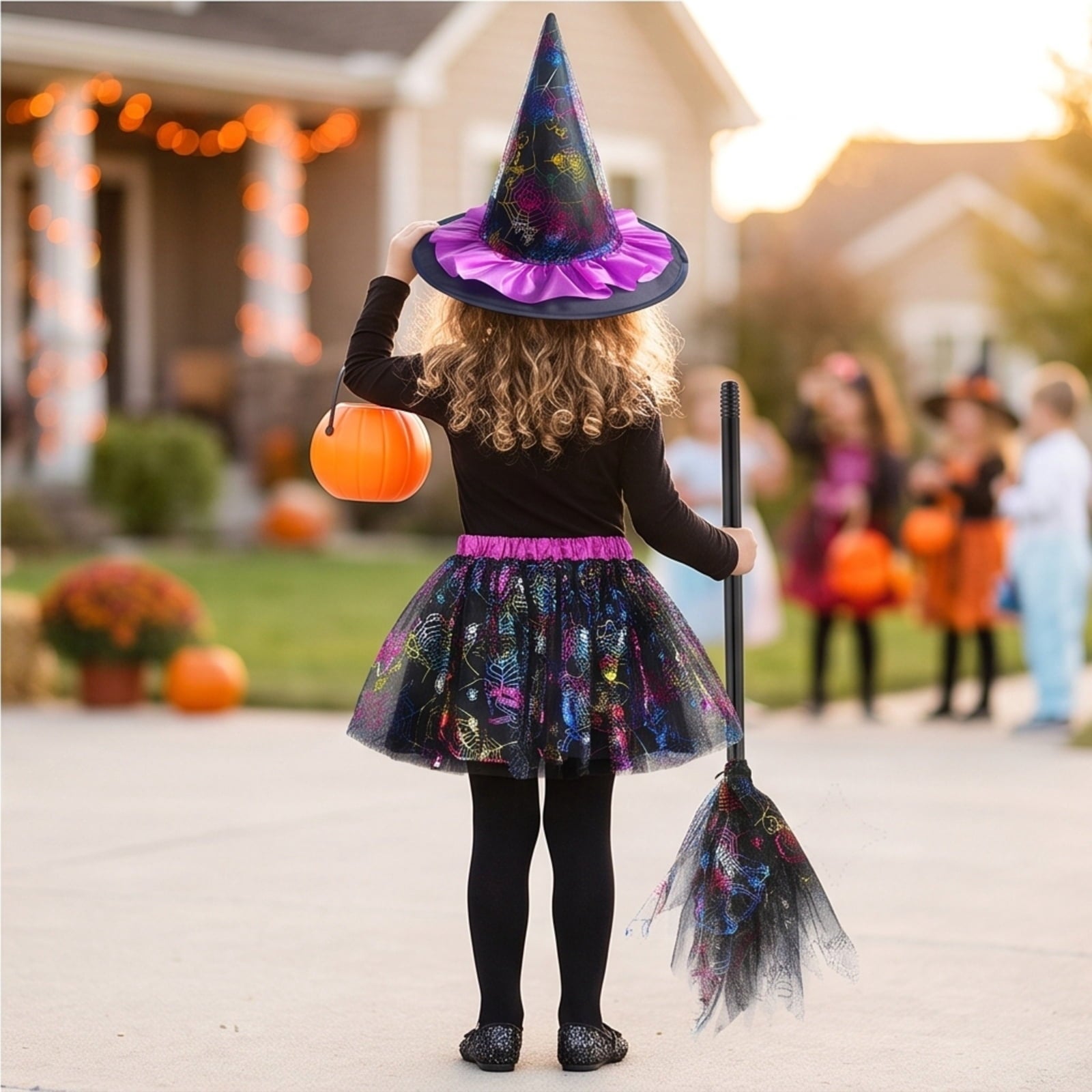choiix Witch Tutu Skirt and Hat Set with Broomstick Halloween Costume Outfit with Printed Tulle Skirt and Witch Hat Cosplay Outfit for Party 100